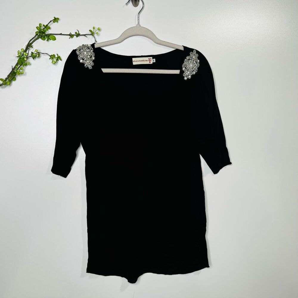 4 Love and LiberTy Black Silk Blend White Clear Rhinestone Shoulders
